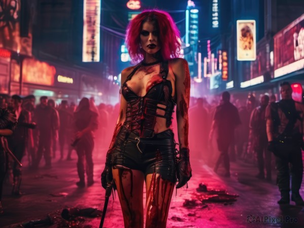 1girl,breasts,short hair,gloves,holding,cleavage,bare shoulders,jewelry,medium breasts,standing,weapon,pink hair,red hair,earrings,outdoors,multiple boys,shorts,solo focus,black gloves,belt,medium hair,holding weapon,blurry,lips,gun,short shorts,blood,tattoo,makeup,night,blurry background,black shorts,lipstick,holding gun,handgun,walking,science fiction,6+boys,city,realistic,arm tattoo,blood on clothes,police,police uniform,blood splatter,crowd,death,cyberpunk,corpse,neon lights,looking at viewer,small breasts,pants,fingerless gloves,necklace,torn clothes,piercing,knife,facing viewer,corset,rifle,asymmetrical clothes,street,blood on weapon