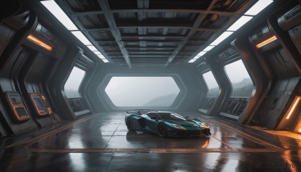 An iconic motor vehicle framed by a calm scenery