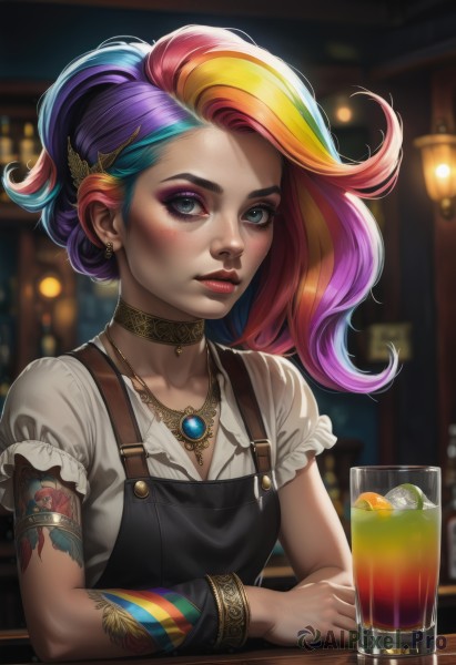 1girl,solo,long hair,looking at viewer,blush,blue eyes,blonde hair,shirt,hair ornament,jewelry,closed mouth,blue hair,collarbone,white shirt,upper body,ponytail,pink hair,purple hair,short sleeves,multicolored hair,earrings,frills,food,choker,hairclip,artist name,necklace,blurry,apron,bracelet,two-tone hair,cup,puffy short sleeves,lips,streaked hair,eyelashes,tattoo,makeup,fruit,depth of field,blurry background,piercing,table,lipstick,wristband,gem,eyeshadow,drinking glass,personification,freckles,asymmetrical hair,ice,realistic,nose,drink,red lips,glass,eyeliner,overalls,arm tattoo,orange (fruit),mascara,lemon,bar (place),ice cube,lemon slice,rainbow hair,short hair,green eyes,red hair,parted lips,green hair,indoors,nail polish,orange hair,aqua hair,gradient hair,watermark,ear piercing,web address,drinking straw,patreon username,frilled shirt,bokeh,deviantart username,orange slice