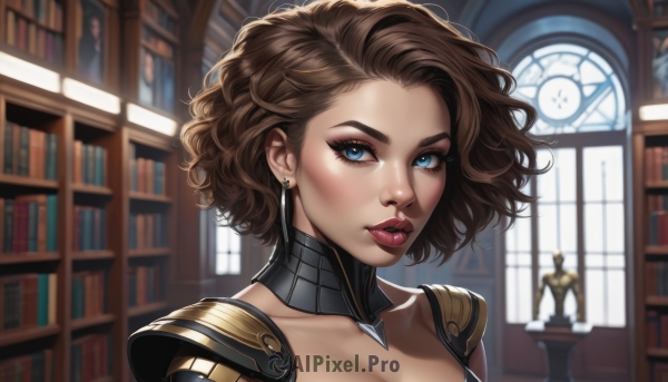 1girl,solo,breasts,looking at viewer,short hair,blue eyes,brown hair,cleavage,jewelry,collarbone,earrings,parted lips,solo focus,choker,day,artist name,indoors,armor,blurry,lips,book,eyelashes,window,makeup,detached collar,depth of field,blurry background,lipstick,shoulder armor,portrait,curly hair,pauldrons,nose,clock,bookshelf,red lips,stud earrings,library,upper body,sunlight,eyeshadow,backlighting,eyeliner,statue,mascara