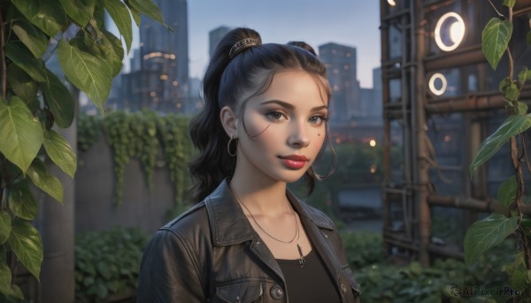 1girl,solo,long hair,looking at viewer,smile,shirt,black hair,jewelry,collarbone,jacket,upper body,ponytail,earrings,outdoors,open clothes,day,necklace,mole,blurry,black eyes,open jacket,lips,black shirt,mole under eye,makeup,depth of field,blurry background,leaf,plant,denim,lipstick,building,forehead,freckles,hoop earrings,city,red lips,leather,hair pulled back,leather jacket,denim jacket,brown eyes,facial mark,realistic,nose