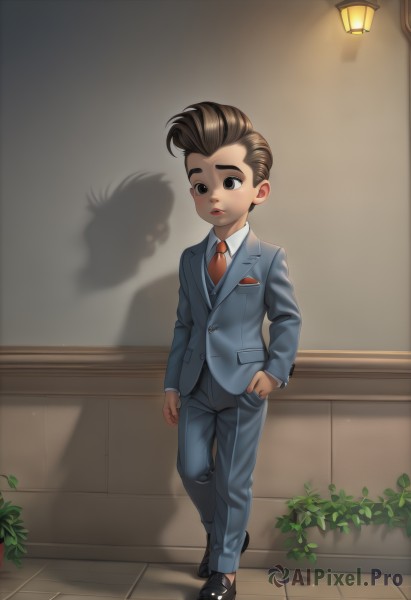 solo,short hair,brown hair,shirt,long sleeves,1boy,brown eyes,standing,jacket,full body,white shirt,male focus,parted lips,necktie,shoes,teeth,collared shirt,pants,indoors,black footwear,black eyes,shadow,formal,suit,plant,blue jacket,red necktie,child,hand in pocket,male child,walking,lamp