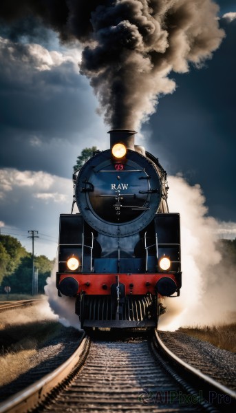 outdoors,sky,day,cloud,tree,blue sky,no humans,cloudy sky,ground vehicle,scenery,motor vehicle,smoke,road,power lines,utility pole,train,train station,railroad tracks,grass,sign,clock