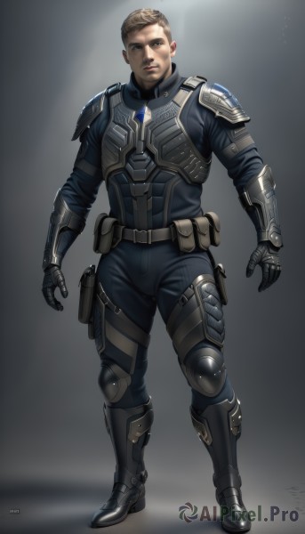 solo,looking at viewer,short hair,blonde hair,brown hair,gloves,1boy,brown eyes,standing,full body,male focus,boots,belt,artist name,signature,armor,bodysuit,pouch,realistic,holster,shirt,closed mouth,pants,muscular,facial hair,black pants,muscular male,shoulder armor,bara,black bodysuit,armored boots,undercut