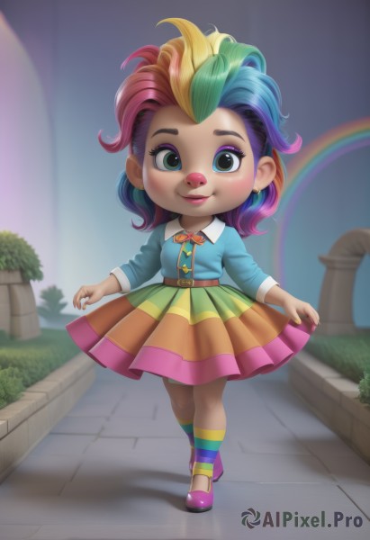 1girl,solo,looking at viewer,blush,smile,short hair,blue eyes,skirt,blonde hair,shirt,long sleeves,bow,jewelry,closed mouth,green eyes,standing,full body,pink hair,purple hair,multicolored hair,pleated skirt,earrings,outdoors,green hair,shoes,socks,striped,collared shirt,belt,artist name,blurry,two-tone hair,streaked hair,eyelashes,gradient hair,makeup,blurry background,watermark,grass,blue shirt,lipstick,child,web address,multicolored clothes,furry,eyeshadow,personification,walking,multicolored eyes,skirt hold,furry female,female child,yellow skirt,rainbow,multicolored dress,colorful,multicolored skirt,multicolored legwear,pavement,curtsey,rainbow gradient,multicolored shirt,rainbow hair,multicolored stripes,ribbon,blue hair,teeth,tree,kneehighs,sparkle,neck ribbon,shadow,aged down,buckle,pink skirt,pink footwear,striped socks