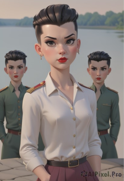 1girl,breasts,looking at viewer,blush,short hair,multiple girls,skirt,shirt,black hair,long sleeves,brown eyes,jewelry,closed mouth,white shirt,pleated skirt,earrings,small breasts,outdoors,multiple boys,collared shirt,belt,uniform,black eyes,lips,military,military uniform,makeup,buttons,red skirt,aged down,lipstick,genderswap (mtf),epaulettes,hands in pockets,red lips,brown belt,multiple persona,hair slicked back,solo,medium breasts,standing,artist name,mole,mole under eye,hand in pocket,shirt tucked in,undercut