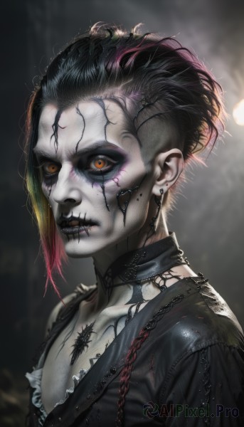 1girl,solo,looking at viewer,short hair,black hair,1boy,jewelry,closed mouth,collarbone,yellow eyes,upper body,pink hair,male focus,red hair,multicolored hair,earrings,choker,collar,streaked hair,black jacket,orange eyes,tattoo,makeup,colored skin,black choker,piercing,ear piercing,pale skin,eyeshadow,eyeliner,undercut,grey skin,gothic,neck tattoo,black lips,lip piercing,eyebrow piercing,blonde hair,two-tone hair,heterochromia,portrait,androgynous,colored sclera,stitches,zombie,mohawk,stitched face