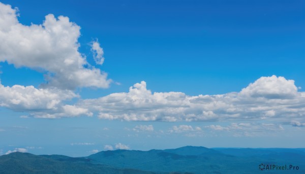 outdoors,sky,day,cloud,blue sky,no humans,cloudy sky,scenery,blue theme,mountain,horizon,landscape,mountainous horizon,hill,very wide shot,cumulonimbus cloud,monochrome