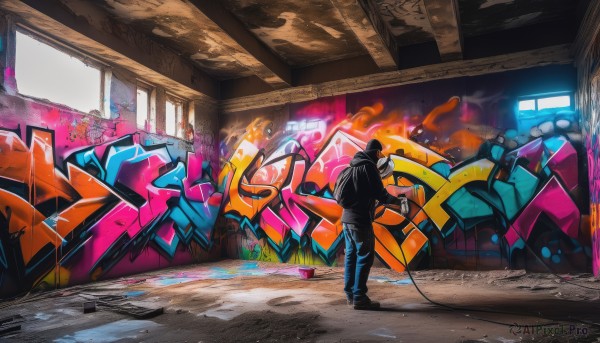 solo,black hair,long sleeves,1boy,hat,holding,standing,jacket,male focus,shoes,pants,indoors,hood,from behind,black footwear,black jacket,window,hoodie,mask,black pants,hood down,hooded jacket,hood up,wall,wide shot,paint splatter,graffiti,spray can,fire,ground vehicle,motor vehicle,walking,car,cable