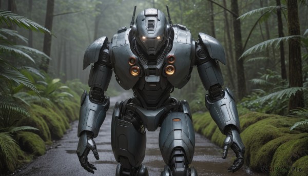 solo,looking at viewer,outdoors,tree,orange eyes,military,no humans,glowing,plant,robot,nature,mecha,glowing eyes,forest,science fiction,realistic,open hands,straight-on,humanoid robot