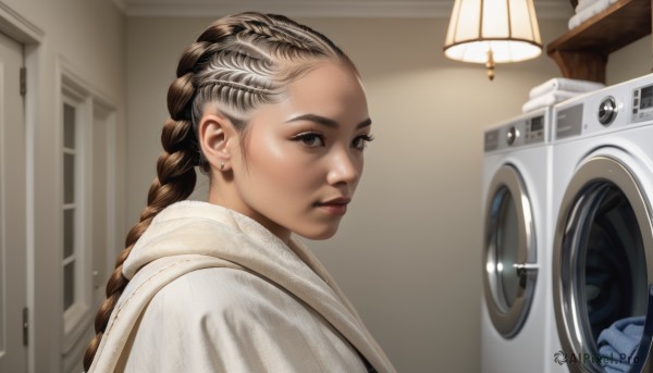 1girl,solo,long hair,looking at viewer,brown hair,brown eyes,jewelry,upper body,braid,multicolored hair,earrings,indoors,from side,lips,single braid,ground vehicle,motor vehicle,braided ponytail,realistic,nose,door,lamp,washing machine,closed mouth,dark skin,hood,portrait,stud earrings