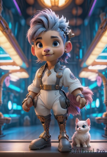 solo,looking at viewer,smile,short hair,open mouth,blue eyes,1boy,animal ears,jewelry,blue hair,standing,tail,full body,grey hair,male focus,multicolored hair,earrings,boots,blurry,bracelet,blurry background,animal,cat,child,furry,furry male,male child,cyberpunk,1girl,hair ornament,teeth,belt,artist name,two-tone hair,lips,bodysuit,science fiction,stud earrings,cyborg,jumpsuit,mohawk,grey fur