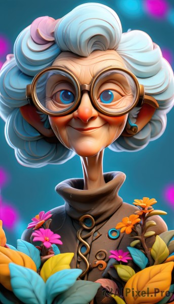 1girl,solo,looking at viewer,smile,short hair,blue eyes,jewelry,blue hair,upper body,flower,earrings,glasses,pointy ears,blurry,turtleneck,leaf,goggles,portrait,curly hair,old,old woman,dress,closed mouth,white hair,artist name,lips,eyelashes,makeup,depth of field,watermark,blue background,lipstick,web address,pink flower,round eyewear