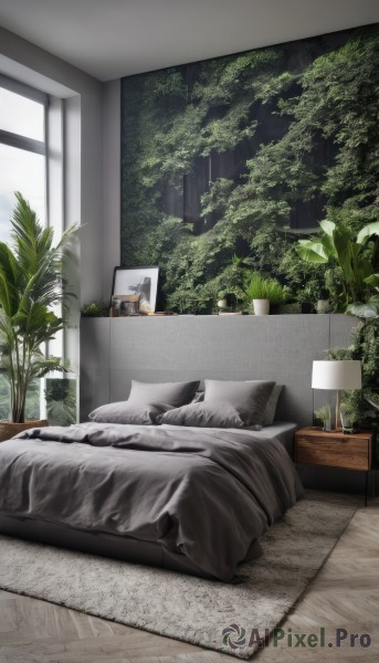 day,indoors,tree,pillow,no humans,window,bed,on bed,table,sunlight,plant,curtains,scenery,wooden floor,blanket,potted plant,lamp,bedroom,cup,book,chair,couch