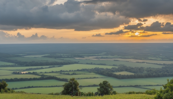 outdoors,sky,cloud,water,tree,no humans,ocean,sunlight,cloudy sky,grass,plant,nature,scenery,forest,sunset,mountain,sun,horizon,landscape,hill,long hair