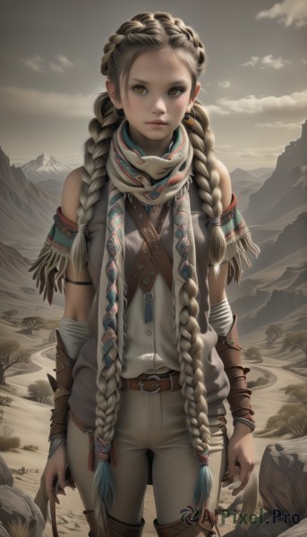 1girl,solo,long hair,breasts,looking at viewer,brown hair,shirt,bare shoulders,brown eyes,jewelry,very long hair,closed mouth,standing,braid,cowboy shot,earrings,boots,outdoors,parted lips,sky,sleeveless,belt,pants,artist name,cloud,dark skin,necklace,twin braids,dark-skinned female,lips,fingernails,bird,cloudy sky,feathers,hair over shoulder,forehead,buckle,freckles,mountain,realistic,nose,arms at sides,multiple braids,hair ornament,yellow eyes,white shirt,scarf,thigh boots,watermark,expressionless,web address,belt buckle,brown belt,fringe trim,dirty,tribal