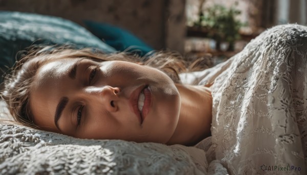 solo,looking at viewer,smile,blonde hair,brown hair,1boy,upper body,male focus,lying,parted lips,teeth,indoors,on back,grin,blurry,black eyes,sweater,lips,pillow,bed,depth of field,blurry background,on bed,half-closed eyes,portrait,realistic,1girl,blue eyes,closed eyes,signature,on side,sunlight,sleeping,thick eyebrows