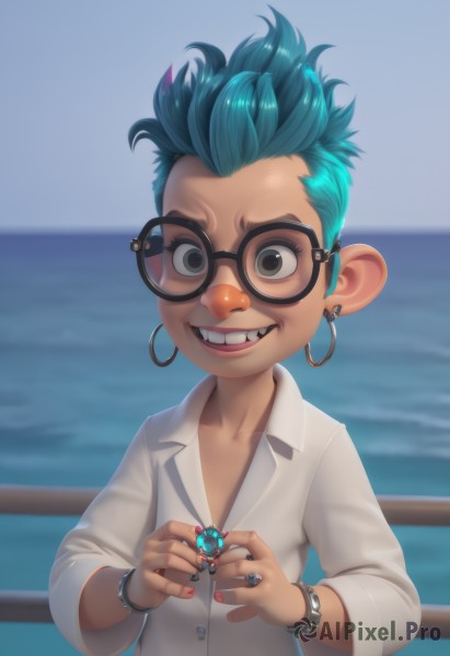 1girl,solo,looking at viewer,smile,short hair,shirt,1boy,jewelry,blue hair,white shirt,upper body,male focus,earrings,outdoors,glasses,teeth,day,collared shirt,water,nail polish,grin,blurry,black eyes,bracelet,fingernails,aqua hair,blurry background,ocean,ring,black-framed eyewear,watch,hoop earrings,round eyewear,railing,wristwatch,thumb ring,buck teeth,green eyes,green hair,necklace,lips,piercing,ear piercing,spikes,very short hair,spiked bracelet