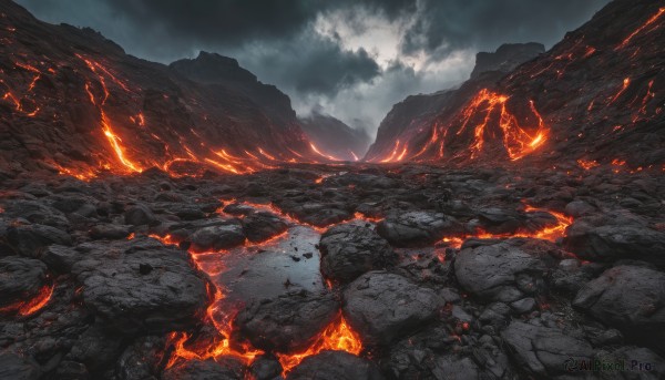 outdoors, sky, cloud, no humans, cloudy sky, fire, scenery, rock, mountain, molten rock