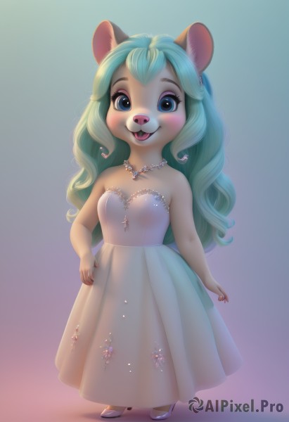 1girl,solo,long hair,breasts,looking at viewer,blush,smile,open mouth,blue eyes,simple background,dress,animal ears,bare shoulders,jewelry,blue hair,standing,full body,small breasts,green hair,shoes,teeth,artist name,necklace,white dress,gradient,hand on hip,gradient background,strapless,aqua hair,makeup,:3,wavy hair,happy,white footwear,strapless dress,furry,furry female,animal nose,pearl necklace,snout,buck teeth,bangs,cleavage,tail,flower,high heels,watermark,blue background,child,female child