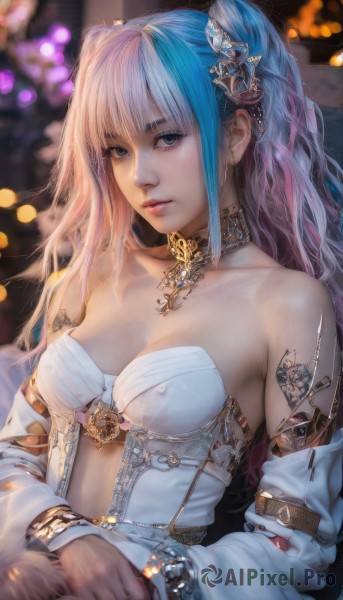 1girl,solo,long hair,breasts,looking at viewer,bangs,blue eyes,hair ornament,cleavage,bare shoulders,twintails,jewelry,medium breasts,blue hair,collarbone,upper body,pink hair,multicolored hair,parted lips,detached sleeves,choker,necklace,blurry,bracelet,covered nipples,two-tone hair,lips,grey eyes,tattoo,blurry background,ring,corset,realistic,bustier,white hair,earrings,small breasts,see-through,strapless,watermark,armlet