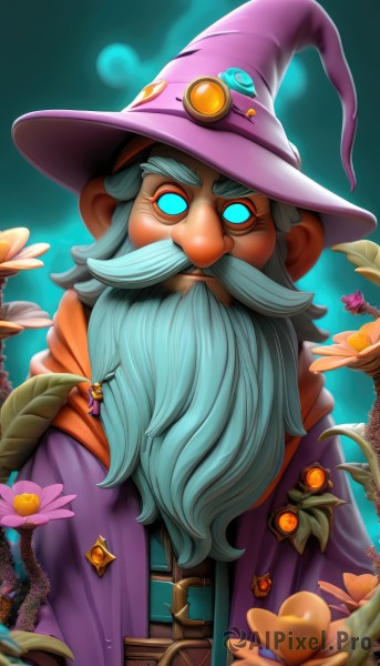 solo,long hair,looking at viewer,blue eyes,1boy,hat,jewelry,blue hair,upper body,flower,grey hair,male focus,belt,scarf,witch hat,glowing,facial hair,leaf,thick eyebrows,plant,glowing eyes,beard,pink flower,robe,mustache,purple headwear,old,no pupils,wizard hat,wizard,long sleeves,closed mouth,white hair,outdoors,artist name,watermark,moon,gem,web address,full moon,green background