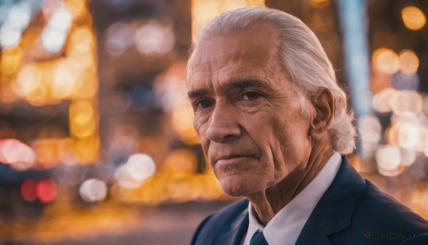 solo,looking at viewer,shirt,1boy,closed mouth,jacket,white shirt,upper body,white hair,grey hair,male focus,necktie,collared shirt,blurry,black eyes,depth of field,blurry background,facial hair,formal,suit,portrait,realistic,manly,old,old man,bokeh,old woman,wrinkled skin,scar