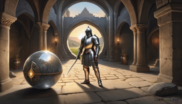 solo,1boy,holding,standing,full body,weapon,boots,outdoors,sky,day,sword,indoors,holding weapon,armor,holding sword,helmet,shoulder armor,gauntlets,scenery,1other,pauldrons,shield,breastplate,greaves,pillar,knight,full armor,ambiguous gender,arch,helm,column,male focus,cloud,shadow,sunlight,plant,gem,arm at side,stairs,vambraces,potted plant,armored boots,wide shot,faulds,statue,crack,leg armor,plate armor