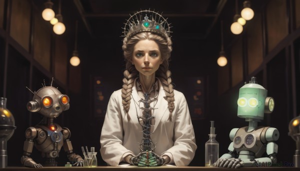 1girl,long hair,looking at viewer,blue eyes,brown hair,long sleeves,holding,jewelry,green eyes,upper body,braid,indoors,necklace,twin braids,cup,lips,glowing,bottle,crown,robot,mecha,hair over shoulder,drinking glass,science fiction,realistic,controller,lights,light bulb,humanoid robot,sitting,closed mouth,yellow eyes,artist name,dark skin,dark-skinned female,facial mark,own hands together,forehead mark,labcoat,joints,multiple others,vial,3others