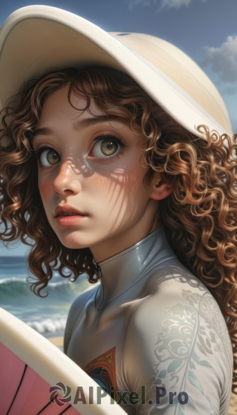 1girl,solo,long hair,looking at viewer,brown hair,hat,brown eyes,yellow eyes,upper body,outdoors,parted lips,sky,teeth,day,cloud,medium hair,water,blue sky,lips,looking to the side,eyelashes,ocean,white headwear,wavy hair,beach,sunlight,portrait,freckles,curly hair,sun hat,realistic,nose,summer,surfboard,blush,bodysuit,sun