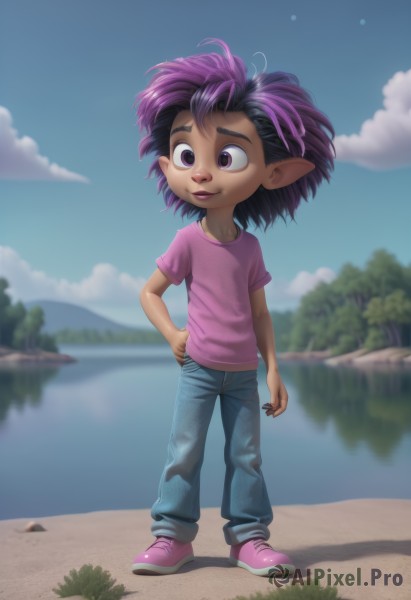 1girl,solo,smile,short hair,shirt,black hair,standing,purple eyes,full body,purple hair,short sleeves,multicolored hair,outdoors,sky,shoes,day,pointy ears,pants,artist name,cloud,dark skin,water,blurry,two-tone hair,tree,blue sky,hand on hip,blurry background,denim,t-shirt,sneakers,child,pink shirt,jeans,pink footwear,purple shirt,blue pants,female child,river,lake,bangs,brown eyes,flat chest,dark-skinned female,shadow,ocean,watermark,cloudy sky,grass,messy hair,web address,arm at side