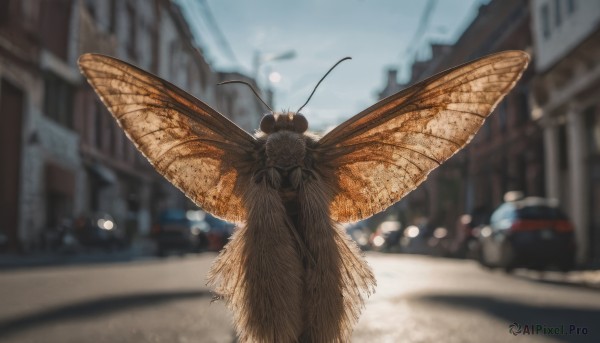 solo, outdoors, wings, sky, day, blurry, dutch angle, no humans, depth of field, blurry background, bug, ground vehicle, building, motor vehicle, city, realistic, antennae, car, road, street, insect wings