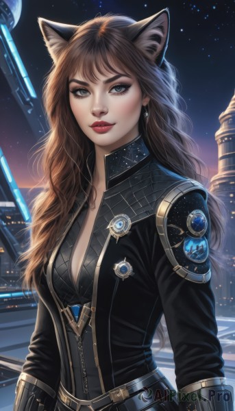 1girl,solo,long hair,breasts,looking at viewer,bangs,blue eyes,brown hair,animal ears,cleavage,jewelry,medium breasts,upper body,earrings,sky,artist name,cat ears,armor,lips,animal ear fluff,grey eyes,bodysuit,makeup,night,lipstick,star (sky),night sky,starry sky,red lips,space,wavy hair,zipper,backlighting,science fiction,realistic,nose,black bodysuit