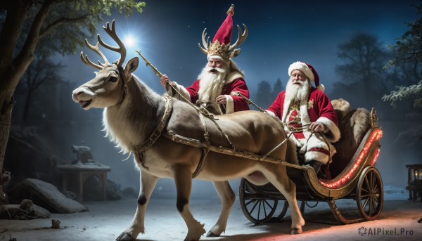 HQ,gloves,long sleeves,1boy,hat,holding,sitting,white hair,male focus,boots,outdoors,multiple boys,sky,2boys,tree,fur trim,night,facial hair,animal,staff,nature,night sky,christmas,red headwear,beard,snow,santa hat,santa costume,lantern,mustache,riding,antlers,old,horse,old man,reindeer,reins,saddle,jacket,collar,bell,chain,moon,star (sky),starry sky,snowing,leash,sack,fur-trimmed headwear,reindeer antlers