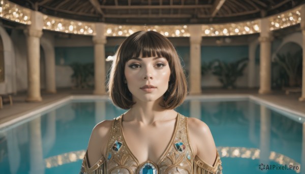 1girl,solo,breasts,looking at viewer,short hair,bangs,brown hair,cleavage,bare shoulders,brown eyes,jewelry,medium breasts,closed mouth,collarbone,upper body,blunt bangs,water,blurry,lips,bob cut,gem,realistic,nose,earrings