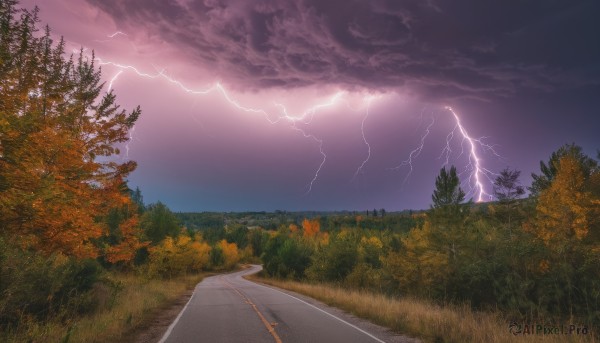 outdoors,sky,cloud,tree,no humans,cloudy sky,grass,nature,scenery,forest,mountain,fence,electricity,road,bush,house,lightning,landscape,path,purple sky,horizon