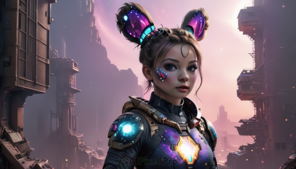 1girl,solo,looking at viewer,short hair,blue eyes,brown hair,black hair,hair ornament,upper body,outdoors,parted lips,dark skin,hair bun,armor,black eyes,dark-skinned female,lips,double bun,bodysuit,makeup,glowing,facial mark,lipstick,backlighting,science fiction,nose,red lips,neon trim,brown eyes,jewelry,earrings,eyeshadow,freckles,forehead mark,realistic,facepaint,cyborg,dirty,cyberpunk,dirty face