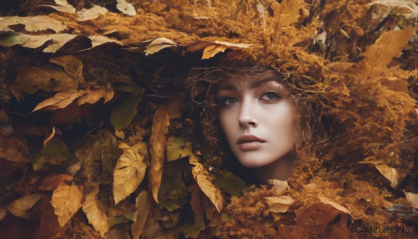 1girl,solo,looking at viewer,short hair,blue eyes,brown hair,closed mouth,parted lips,tree,lips,grey eyes,leaf,portrait,nature,realistic,nose,autumn leaves,autumn,blonde hair,eyelashes,looking up,yellow theme,ginkgo leaf