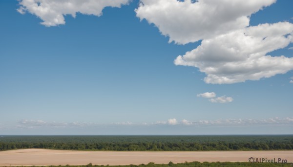 outdoors,sky,day,cloud,tree,blue sky,no humans,cloudy sky,grass,nature,scenery,forest,horizon,road,field,landscape,hill,ocean