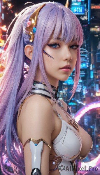 1girl,solo,long hair,breasts,looking at viewer,bangs,blue eyes,hair ornament,cleavage,bare shoulders,medium breasts,upper body,ponytail,pink hair,purple hair,sidelocks,multicolored hair,parted lips,blurry,from side,leotard,lips,makeup,blurry background,headgear,light purple hair,armlet,science fiction,city,realistic,nose,white leotard,outdoors,shiny,artist name,signature,eyelashes,gradient hair,night,depth of field,android,cyberpunk