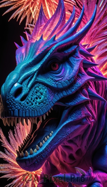 solo,looking at viewer,open mouth,blue eyes,red eyes,upper body,horns,teeth,from side,no humans,sharp teeth,claws,spikes,monster,dragon,scales,fireworks,aerial fireworks,tongue,night,fangs,dinosaur,blue tongue