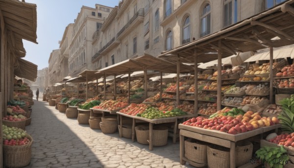 outdoors,food,sky,day,no humans,window,fruit,shadow,plant,building,scenery,city,apple,basket,road,carrot,house,bread,street,meat,shop,tomato,vegetable,town,pavement,blue sky,potted plant,barrel,crate,potato,onion