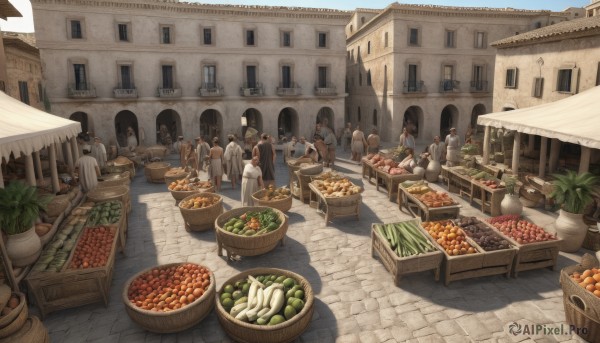 long hair,short hair,multiple girls,brown hair,shirt,black hair,dress,holding,sitting,outdoors,food,multiple boys,day,tree,cup,window,fruit,6+girls,chair,eating,table,bottle,plant,building,scenery,plate,6+boys,bowl,basket,potted plant,road,carrot,house,bread,old,street,meat,vegetable,town,balcony,pavement,radish,salad,sky,apple,architecture,rooftop,tomato,potato,corn