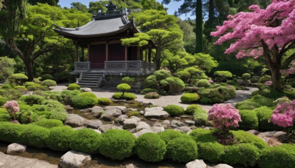 outdoors,sky,day,water,tree,blue sky,no humans,grass,cherry blossoms,building,nature,scenery,forest,rock,stairs,bush,architecture,east asian architecture,shrine,path,stone,stone lantern,cloud,plant,moss,pond