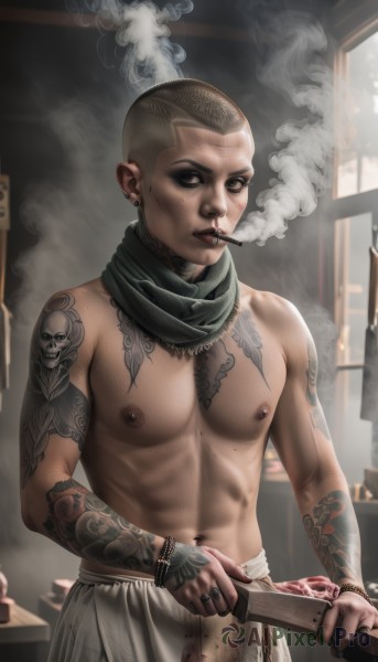 solo,looking at viewer,short hair,1boy,navel,holding,brown eyes,jewelry,nipples,weapon,male focus,earrings,indoors,scarf,holding weapon,black eyes,bracelet,lips,blood,tattoo,muscular,scar,piercing,abs,ring,knife,pectorals,ear piercing,smoke,topless male,skull,cigarette,injury,realistic,smoking,holding knife,arm tattoo,very short hair,mohawk,buzz cut,dark skin,nail polish,window,mouth hold,muscular male,black nails,nipple piercing,shoulder tattoo,chest tattoo,nose piercing,lip piercing