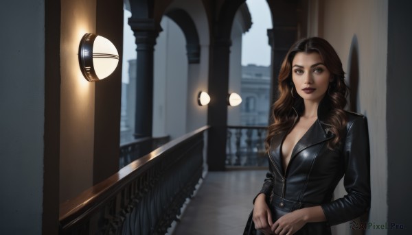 1girl,solo,long hair,breasts,looking at viewer,smile,brown hair,long sleeves,cleavage,brown eyes,medium breasts,closed mouth,jacket,outdoors,bag,blurry,lips,black jacket,makeup,blurry background,wavy hair,lipstick,curly hair,realistic,red lips,leather,lamppost,leather jacket,collarbone,upper body,mole,bodysuit,zipper,unzipped