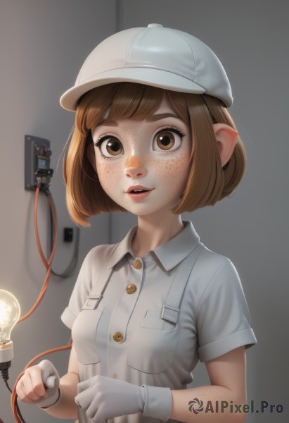 1girl,solo,breasts,looking at viewer,smile,short hair,open mouth,bangs,brown hair,shirt,gloves,hat,brown eyes,white shirt,upper body,short sleeves,small breasts,parted lips,teeth,pointy ears,collared shirt,white gloves,lips,white headwear,bob cut,suspenders,freckles,pocket,overalls,breast pocket,buttons,realistic