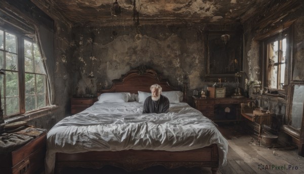 solo,blonde hair,1boy,sitting,male focus,day,indoors,tree,cup,pillow,book,window,bed,bed sheet,on bed,chair,table,sunlight,bottle,plant,curtains,scenery,wooden floor,blanket,potted plant,lamp,bedroom,wide shot,drawer,cabinet,white hair,facial hair,sleeping,beard,desk,candle,old,old man,chest of drawers