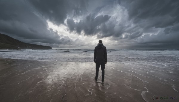 solo, black hair, 1boy, standing, jacket, male focus, outdoors, sky, pants, cloud, hood, water, from behind, dutch angle, ocean, beach, cloudy sky, scenery, sand, horizon