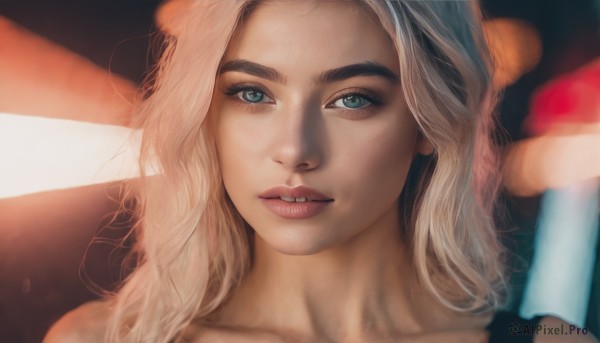 1girl,solo,long hair,looking at viewer,blue eyes,blonde hair,green eyes,collarbone,multicolored hair,parted lips,food,teeth,blurry,lips,eyelashes,makeup,wavy hair,portrait,popsicle,realistic,nose,holding,depth of field,thick eyebrows,close-up,eyeshadow,mascara